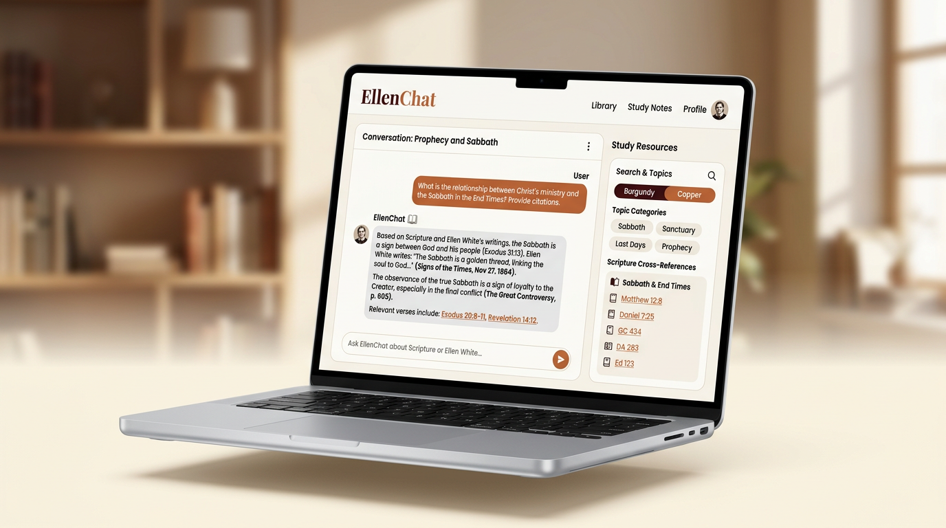 EllenChat AI conversation interface with Scripture cross-references and topic categories
