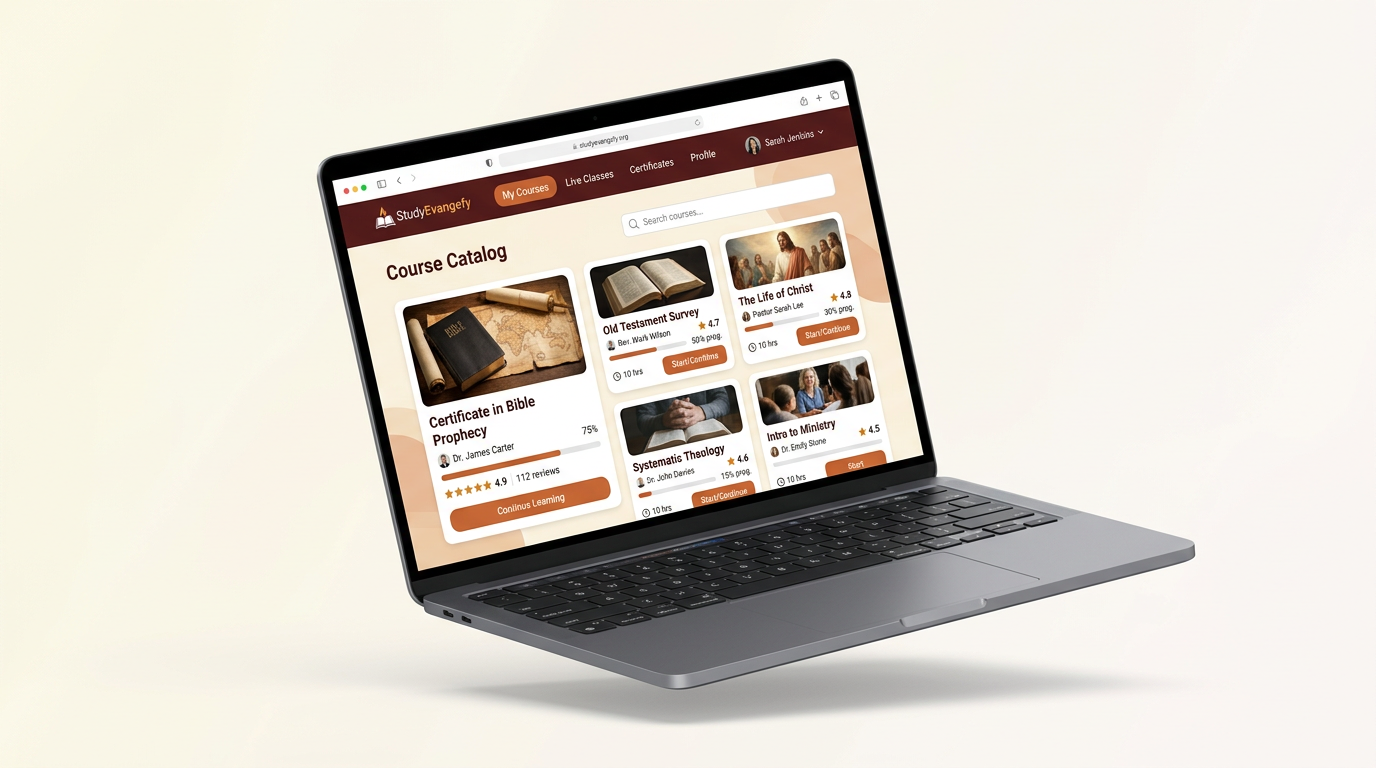 StudyEvangefy course catalog showing Bible Prophecy certificate, course cards, and progress tracking